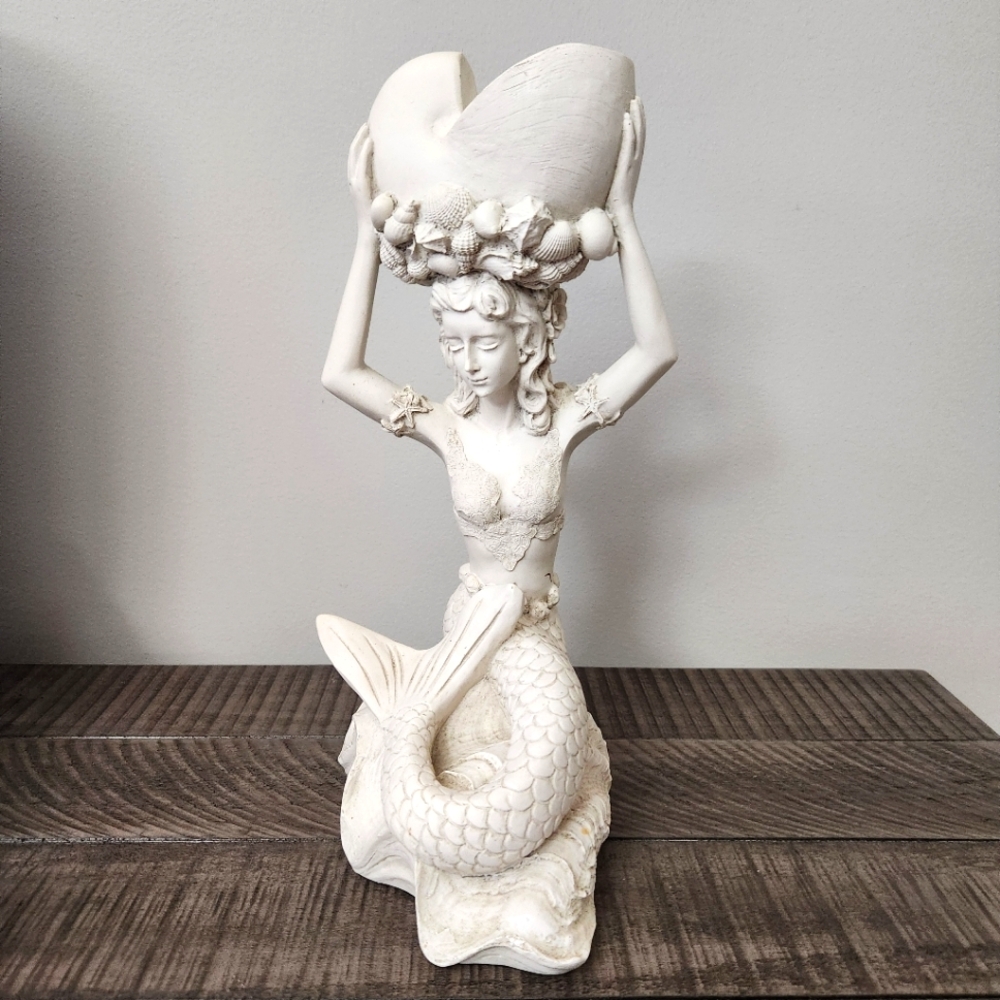 Unique Mermaid Holding Sea Shell Decorative Table Statue Figure Collectible